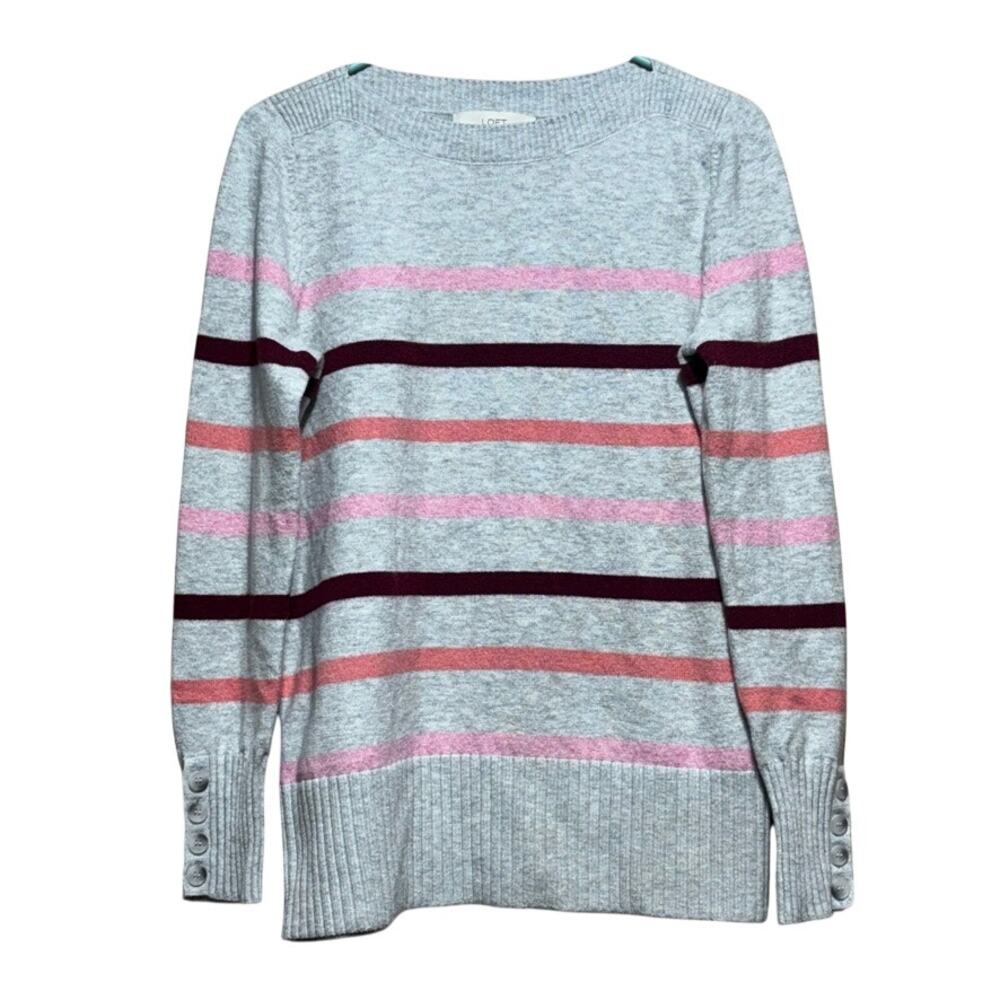 LOFT Women's Medium Stripe Pullover Boatneck Sweater Gray Pink Burgundy
